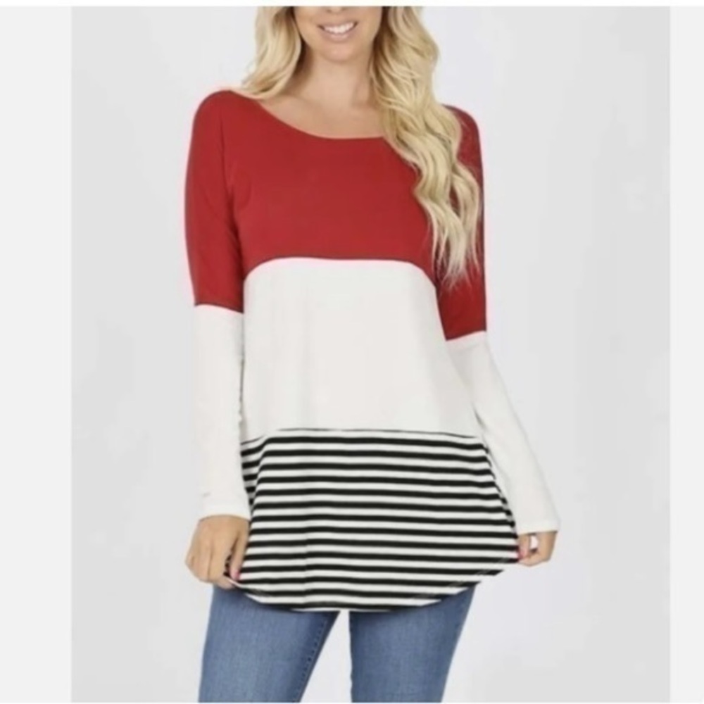 HYFVE HYFVE HYFVE color block long sleeve rayon lace back striped tunic shirt M